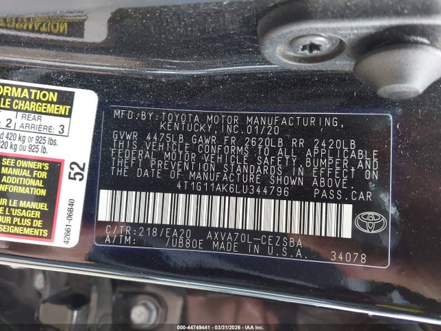 4T1G11AK6LU344796 Toyota CAMRY SE