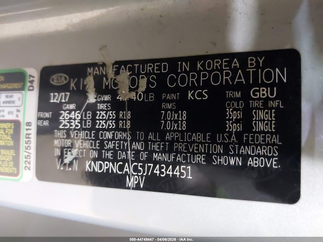 Продаж на аукціоні авто 2018 Kia Sportage Ex, vin: KNDPNCAC5J7434451, номер лоту: 44749447