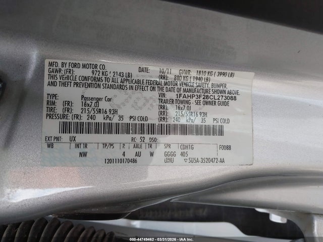 2012 Ford Focus Se მანქანა იყიდება აუქციონზე, vin: 1FAHP3F28CL273088, აუქციონის ნომერი: 44749462