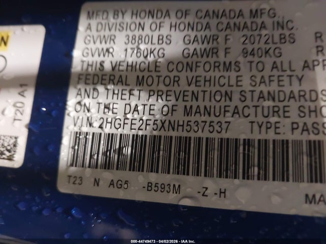 2022 HONDA CIVIC 2HGFE2F5XNH537537 Photo 8