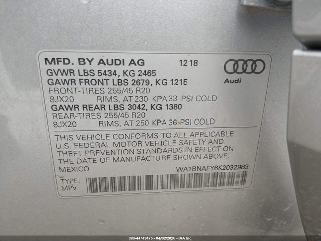 Aukcja sprzedaży 2019 Audi Q5 45 Premium, vin: WA1BNAFY6K2032983, numer aukcji: 44749475