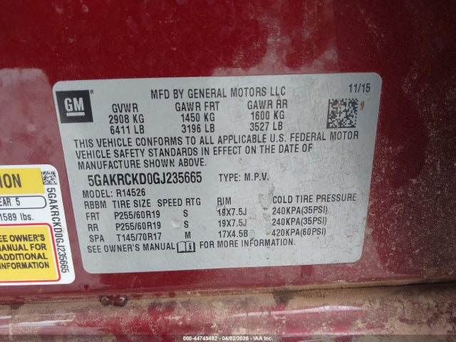 Продаж на аукціоні авто 2016 Buick Enclave Premium, vin: 5GAKRCKD0GJ235665, номер лоту: 44749492