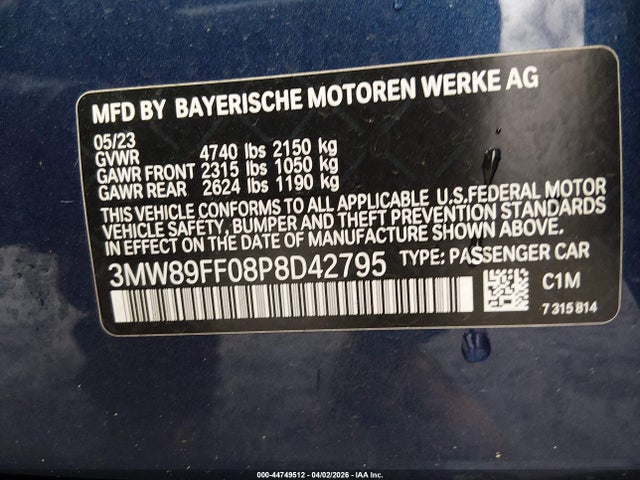 2023 Bmw 330i Xdrive მანქანა იყიდება აუქციონზე, vin: 3MW89FF08P8D42795, აუქციონის ნომერი: 44749512