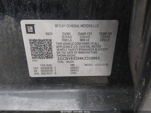 Продаж на аукціоні авто 2019 Chevrolet Silverado 1500 Rst, vin: 1GCRYEED4KZ316993, номер лоту: 44749527