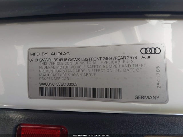 Aukcja sprzedaży 2018 Audi A5 2.0t Premium, vin: WAUBNCF58JA133063, numer aukcji: 44749534