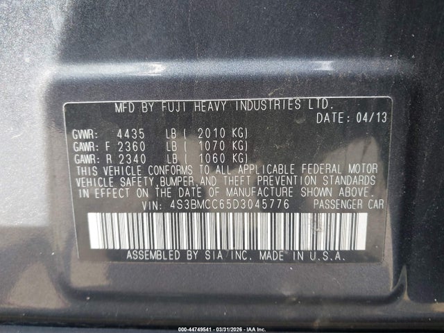 44749541 :رقم المزاد ، 4S3BMCC65D3045776 vin ، 2013 Subaru Legacy 2.5i Premium مزاد بيع