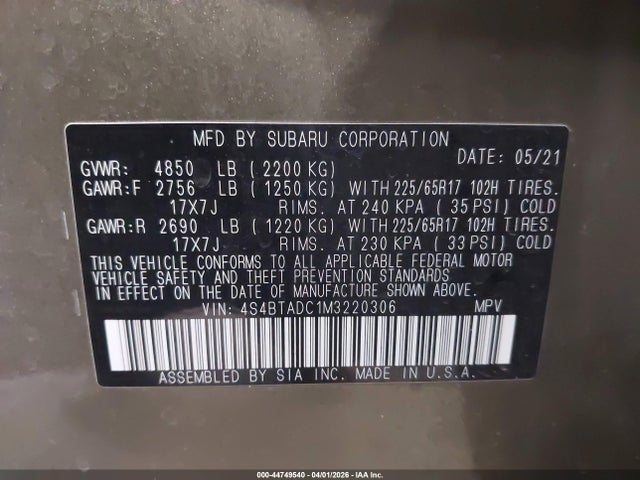 44749540 :رقم المزاد ، 4S4BTADC1M3220306 vin ، 2021 Subaru Outback Premium مزاد بيع