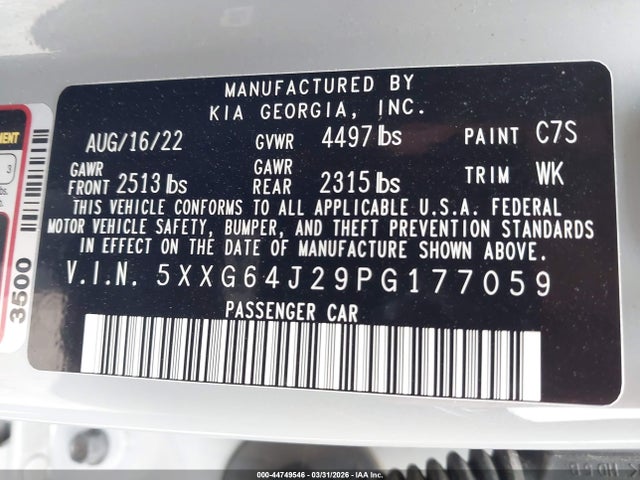 Auction sale of the 2023 Kia K5 Gt-line, vin: 5XXG64J29PG177059, lot number: 44749546
