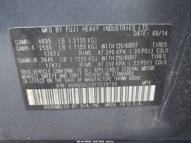 2015 SUBARU OUTBACK 4S4BSACC0F3228100 Photo 8