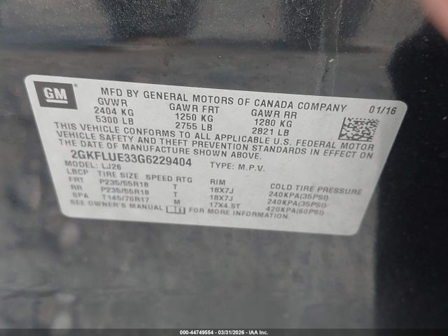 44749554 :رقم المزاد ، 2GKFLUE33G6229404 vin ، 2016 Gmc Terrain Slt مزاد بيع