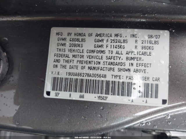 Продажа на аукционе авто 2008 Acura Tl 3.2, vin: 19UUA66278A005648, номер лота: 44749566