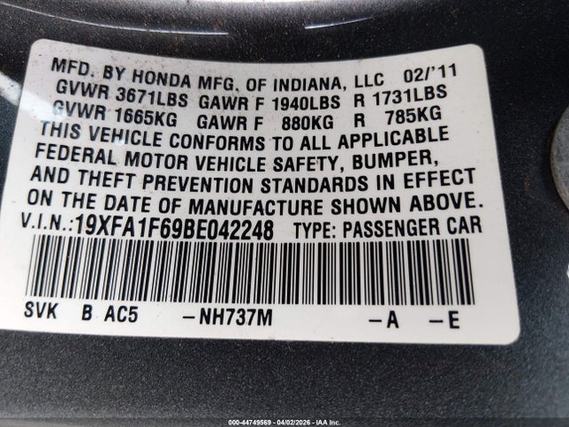Продажа на аукционе авто 2011 Honda Civic Lx-s, vin: 19XFA1F69BE042248, номер лота: 44749569