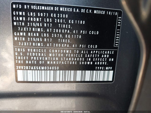 Продаж на аукціоні авто 2019 Volkswagen Tiguan, vin: 3VV2B7AX5KM034850, номер лоту: 44749575