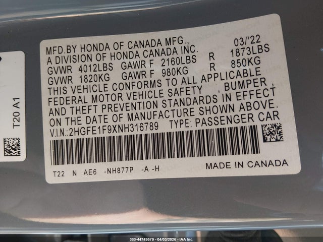 2HGFE1F9XNH316789 Honda Civic Touring
