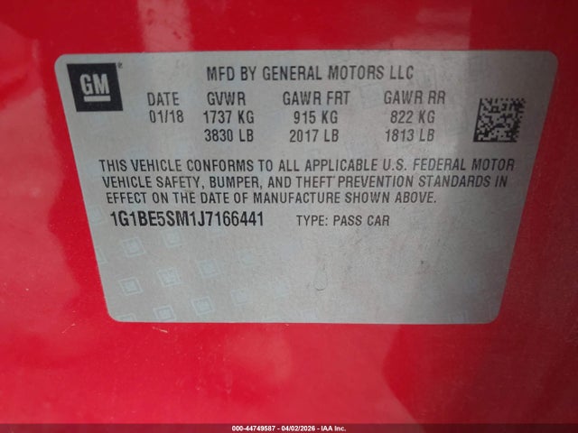 2018 Chevrolet Cruze Lt Auto მანქანა იყიდება აუქციონზე, vin: 1G1BE5SM1J7166441, აუქციონის ნომერი: 44749587