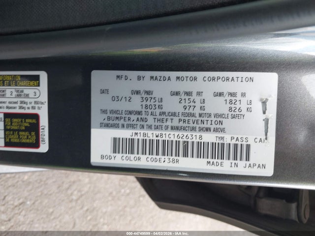 Aukcja sprzedaży 2012 Mazda Mazda3 I Grand Touring, vin: JM1BL1W81C1626318, numer aukcji: 44749599