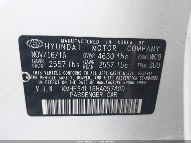 2017 Hyundai Sonata Hybrid Limited მანქანა იყიდება აუქციონზე, vin: KMHE34L16HA057409, აუქციონის ნომერი: 44749602