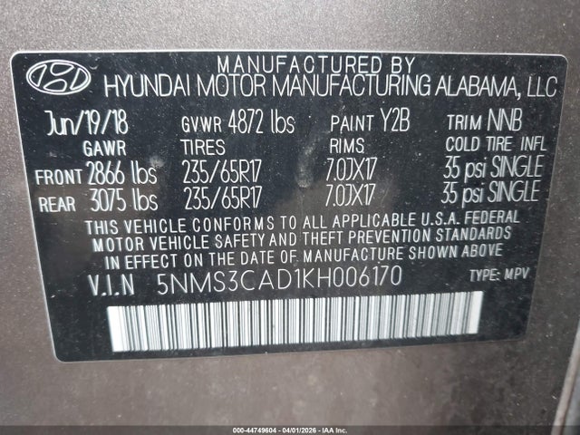 Продажа на аукционе авто 2019 Hyundai Santa Fe Sel, vin: 5NMS3CAD1KH006170, номер лота: 44749604