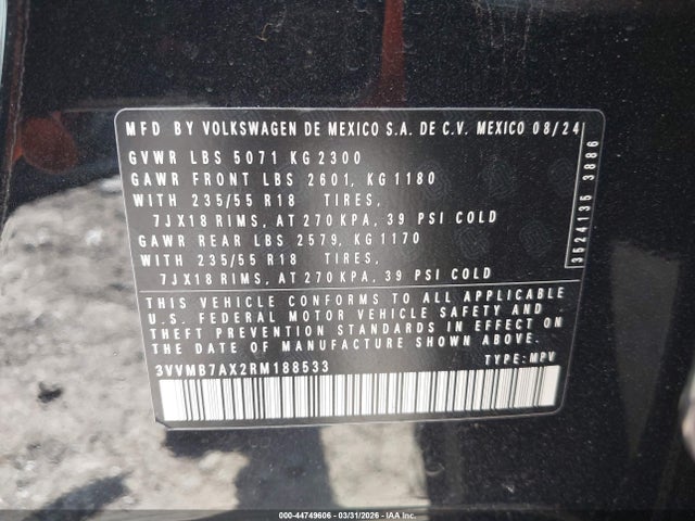 2024 Volkswagen Tiguan 2.0t Se/2.0t Wolfsburg Edition მანქანა იყიდება აუქციონზე, vin: 3VVMB7AX2RM188533, აუქციონის ნომერი: 44749606