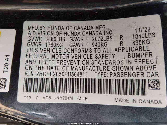 Продаж на аукціоні авто 2023 Honda Civic Sport, vin: 2HGFE2F50PH504811, номер лоту: 44749624