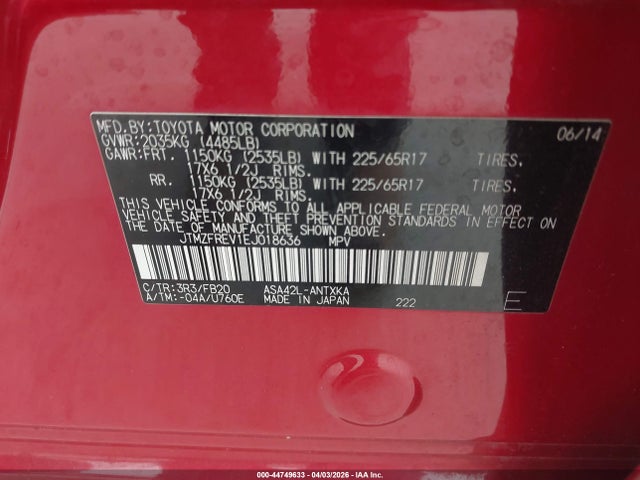 44749633 :رقم المزاد ، JTMZFREV1EJ018636 vin ، 2014 Toyota Rav4 Le مزاد بيع