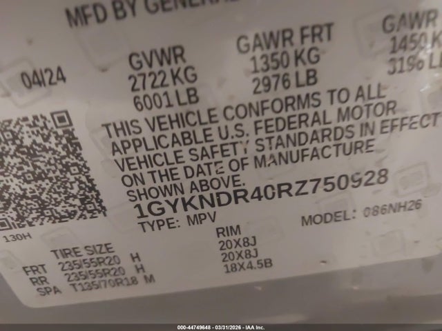 44749648 :رقم المزاد ، 1GYKNDR40RZ750928 vin ، 2024 Cadillac Xt5 Awd Premium Luxury مزاد بيع