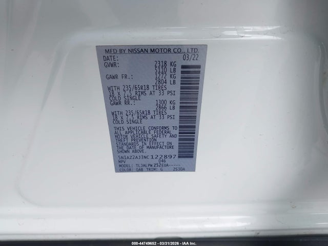 Продажа на аукционе авто 2022 Nissan Murano S Fwd, vin: 5N1AZ2AJ3NC122897, номер лота: 44749652