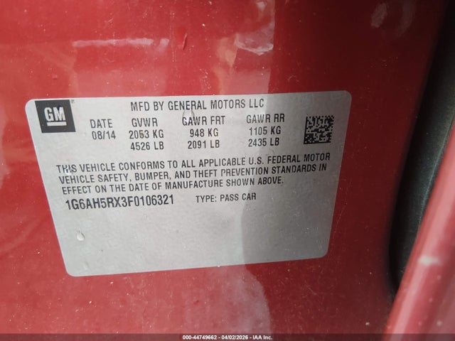 44749662 :رقم المزاد ، 1G6AH5RX3F0106321 vin ، 2015 Cadillac Ats Luxury مزاد بيع