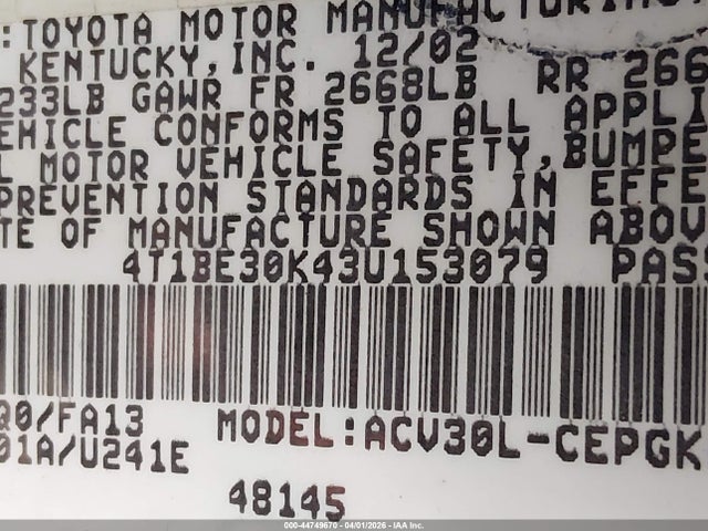 Aukcja sprzedaży 2003 Toyota Camry Xle, vin: 4T1BE30K43U153079, numer aukcji: 44749670