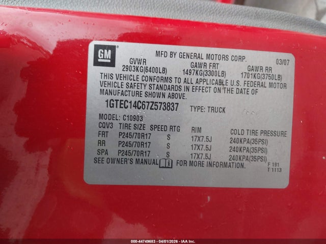 Продажа на аукционе авто 2007 Gmc Sierra 1500 Work Truck, vin: 1GTEC14C67Z573837, номер лота: 44749683