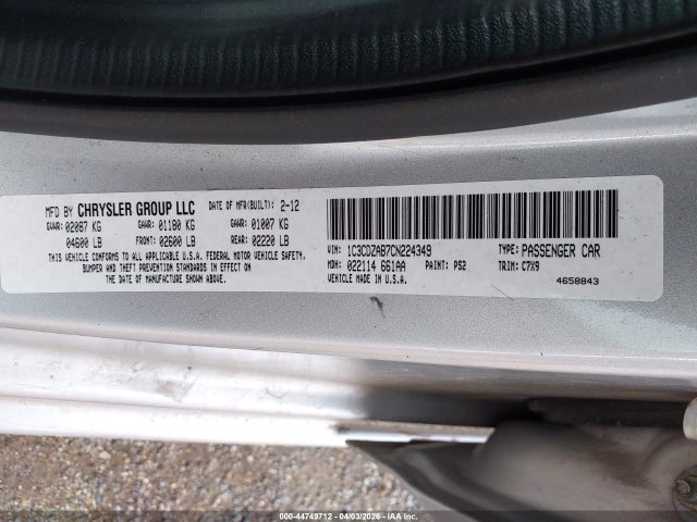 44749712 :رقم المزاد ، 1C3CDZAB7CN224349 vin ، 2012 Dodge Avenger Se مزاد بيع