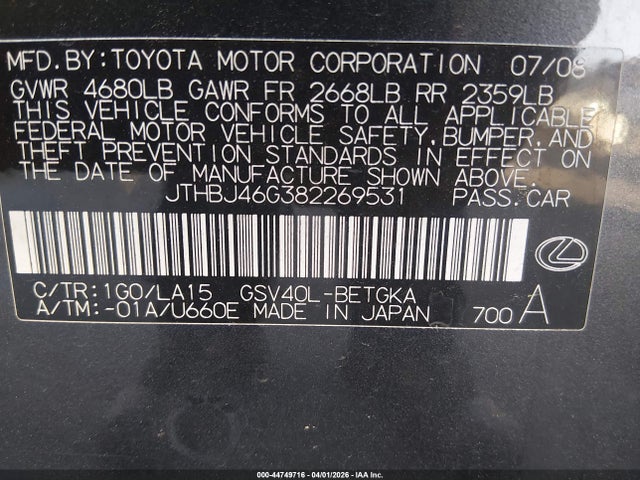 Продаж на аукціоні авто 2008 Lexus Es 350, vin: JTHBJ46G382269531, номер лоту: 44749716