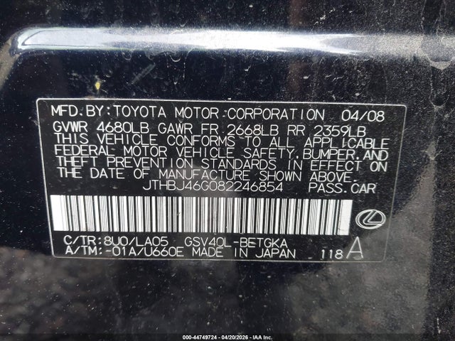2008 Lexus Es 350 მანქანა იყიდება აუქციონზე, vin: JTHBJ46G082246854, აუქციონის ნომერი: 44749724