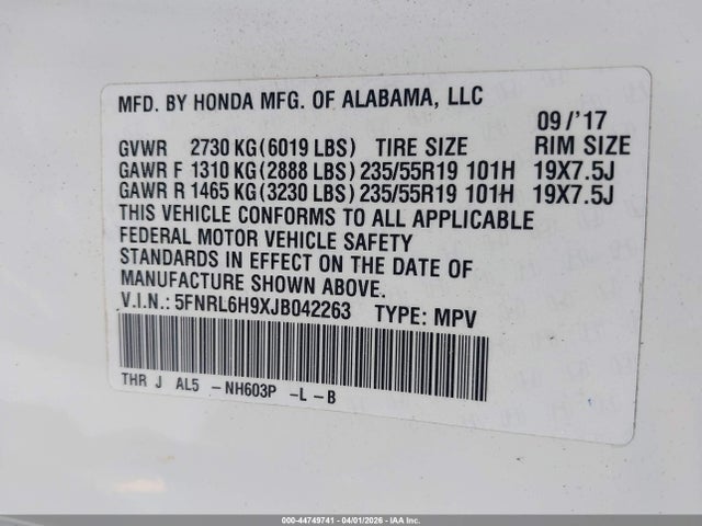 5FNRL6H9XJB042263 Honda Odyssey Elite
