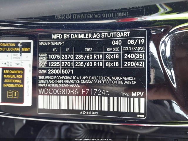 Aukcja sprzedaży 2020 Mercedes-benz Glc 300, vin: WDC0G8DB6LF717245, numer aukcji: 44749746