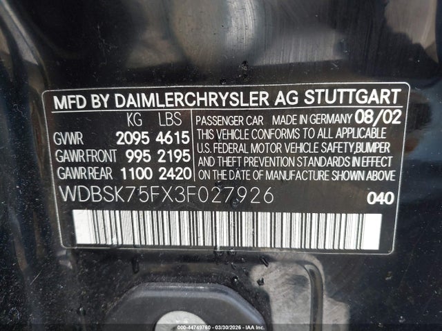 2003 MERCEDES-BENZ SL 500 WDBSK75FX3F027926 Photo 8