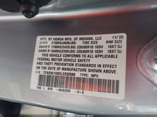 Aukcja sprzedaży 2020 Honda Cr-v 2wd Ex-l, vin: 7FARW1H8XLE030588, numer aukcji: 44749772
