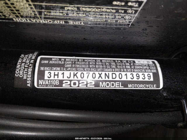 3H1JK070XND013939 Honda NVA110 B