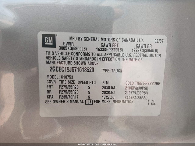 2007 Chevrolet Silverado 1500 Lt1 მანქანა იყიდება აუქციონზე, vin: 2GCEC19J671618520, აუქციონის ნომერი: 44749778