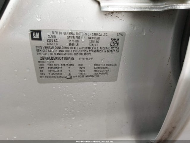 Aukcja sprzedaży 2013 Chevrolet Equinox Ls, vin: 2GNALBEK8D1109485, numer aukcji: 44749794