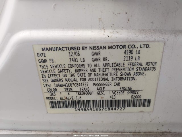 2007 Nissan Maxima 3.5 Se მანქანა იყიდება აუქციონზე, vin: 1N4BA41E67C844727, აუქციონის ნომერი: 44749797