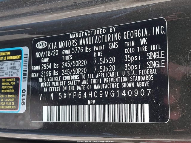 Aukcja sprzedaży 2021 Kia Telluride S, vin: 5XYP64HC9MG140907, numer aukcji: 44749806