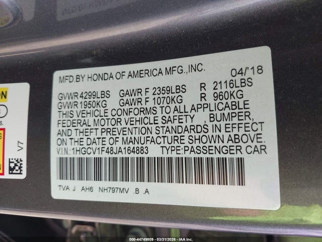44749809 :رقم المزاد ، 1HGCV1F48JA164883 vin ، 2018 Honda Accord Ex مزاد بيع