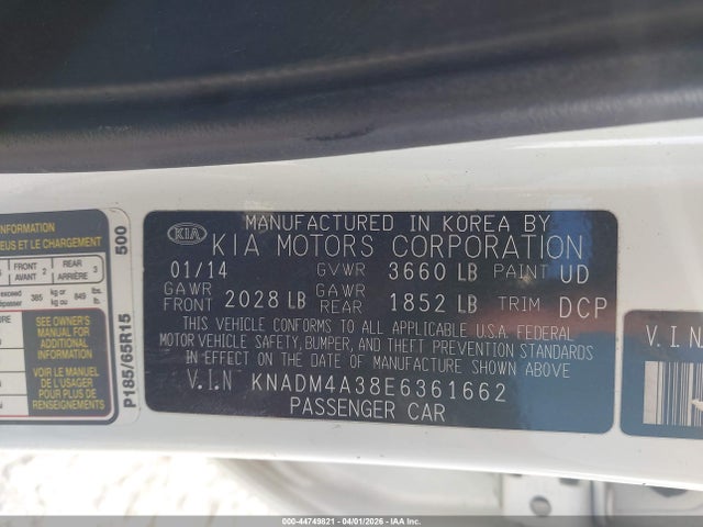 2014 Kia Rio Lx მანქანა იყიდება აუქციონზე, vin: KNADM4A38E6361662, აუქციონის ნომერი: 44749821