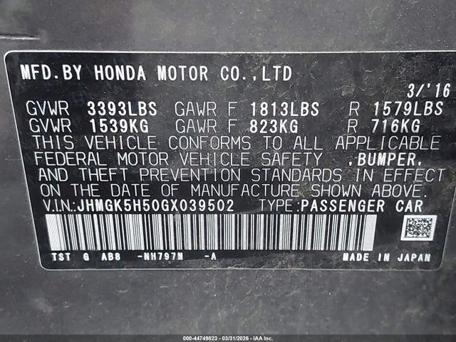 JHMGK5H50GX039502 Honda FIT LX