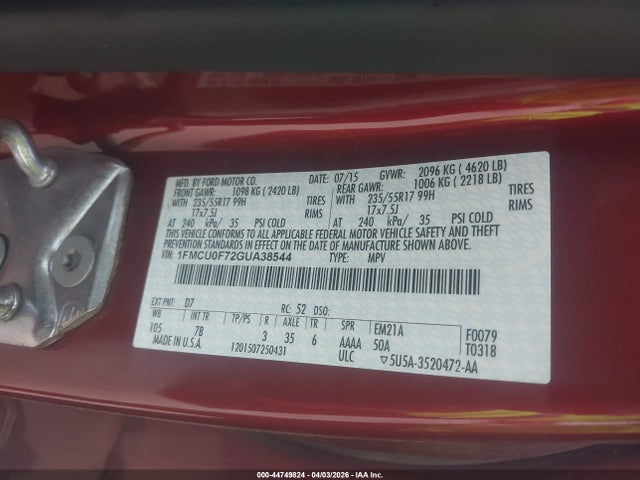 1FMCU0F72GUA38544 Ford ESCAPE S