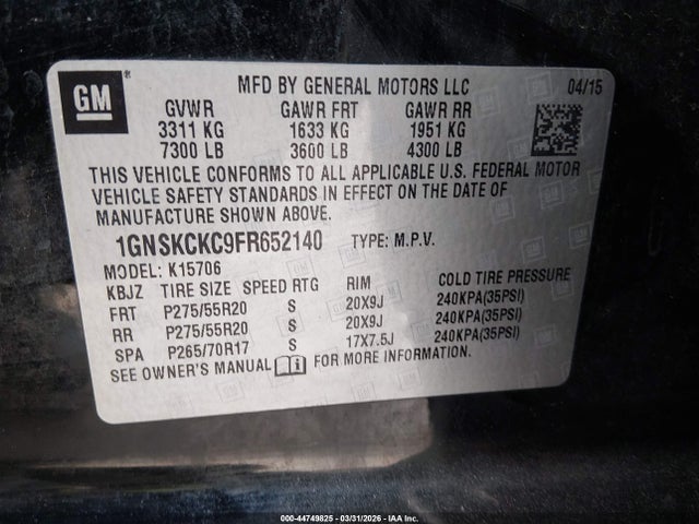 44749825 :رقم المزاد ، 1GNSKCKC9FR652140 vin ، 2015 Chevrolet Tahoe Ltz مزاد بيع