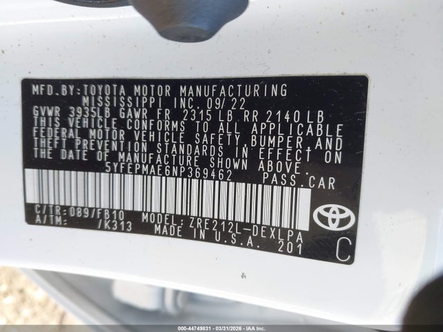 44749831 :رقم المزاد ، 5YFEPMAE6NP369462 vin ، 2022 Toyota Corolla Le مزاد بيع