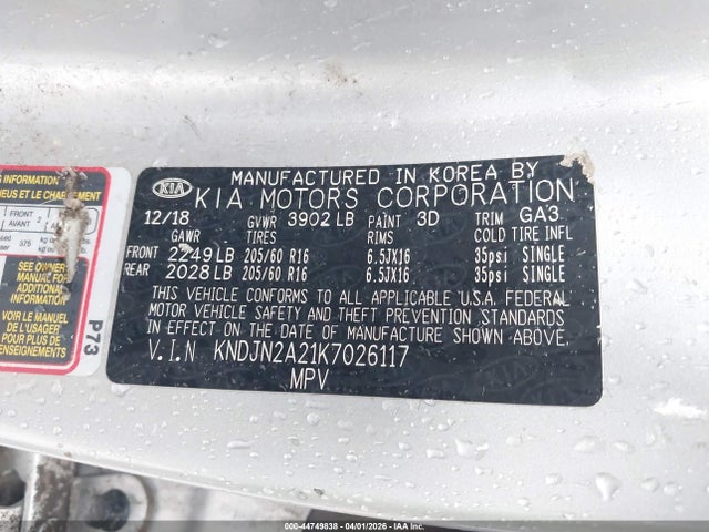2019 Kia Soul მანქანა იყიდება აუქციონზე, vin: KNDJN2A21K7026117, აუქციონის ნომერი: 44749838