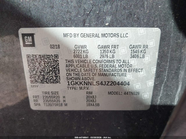 44749841 :رقم المزاد ، 1GKKNNLS4JZ204404 vin ، 2018 Gmc Acadia Slt-2 مزاد بيع